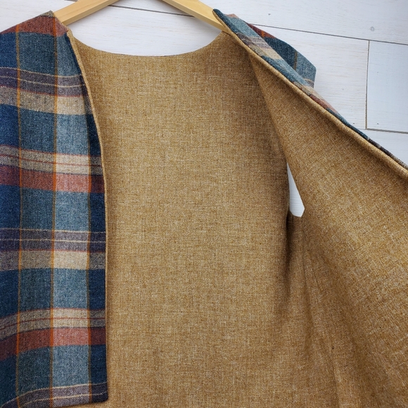 Vintage Neutral tan blue Plaid open front Vest jacket fall Unisex size large - Picture 6 of 14